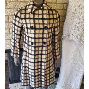Vintage 1960's Black/White Mohair Geometric Mid Length Coat S